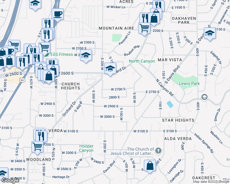 map of restaurants, bars, coffee shops, grocery stores, and more near 132 West 2700 South in Bountiful