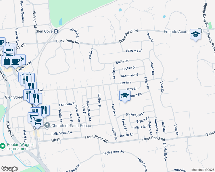 map of restaurants, bars, coffee shops, grocery stores, and more near 117 Elm Avenue in Glen Cove