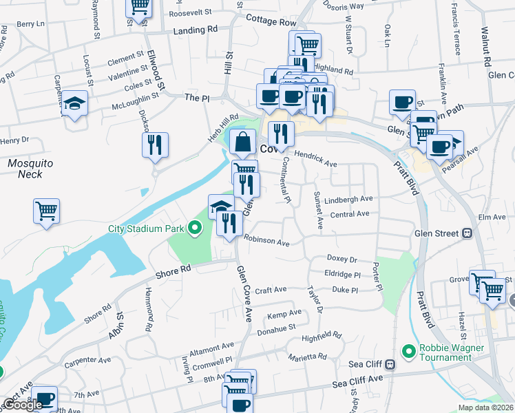 map of restaurants, bars, coffee shops, grocery stores, and more near 81 Glen Cove Avenue in Glen Cove