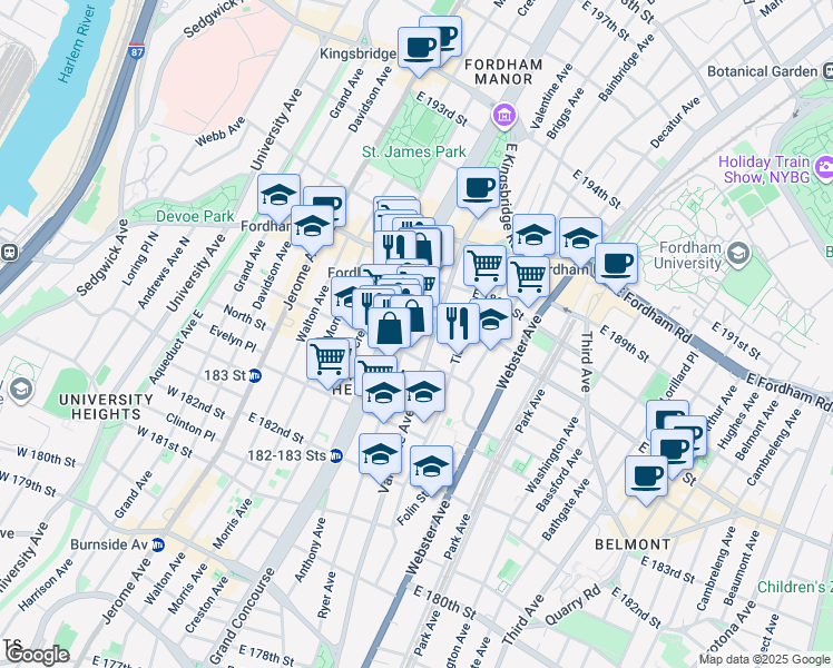 map of restaurants, bars, coffee shops, grocery stores, and more near 250 East 187th Street in Bronx