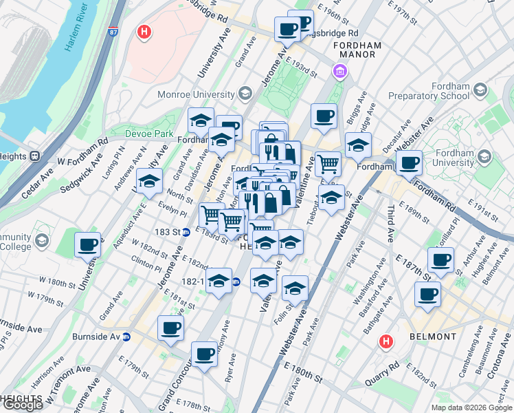 map of restaurants, bars, coffee shops, grocery stores, and more near in The Bronx