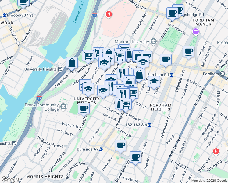 map of restaurants, bars, coffee shops, grocery stores, and more near 2274 Doctor Martin Luther King Junior Boulevard in Bronx