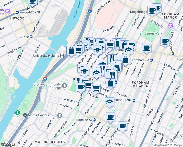 map of restaurants, bars, coffee shops, grocery stores, and more near in The Bronx