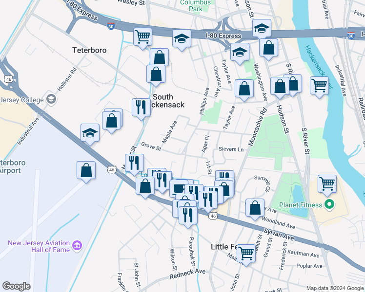 map of restaurants, bars, coffee shops, grocery stores, and more near 227 Phillips Avenue in South Hackensack