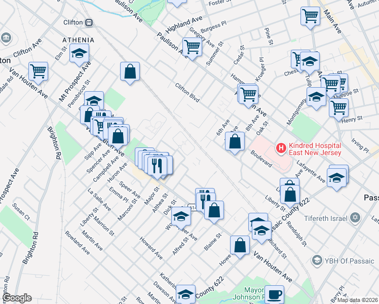 map of restaurants, bars, coffee shops, grocery stores, and more near Unnamed Road in Clifton