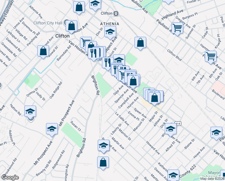 map of restaurants, bars, coffee shops, grocery stores, and more near 32 Samuel Avenue in Clifton
