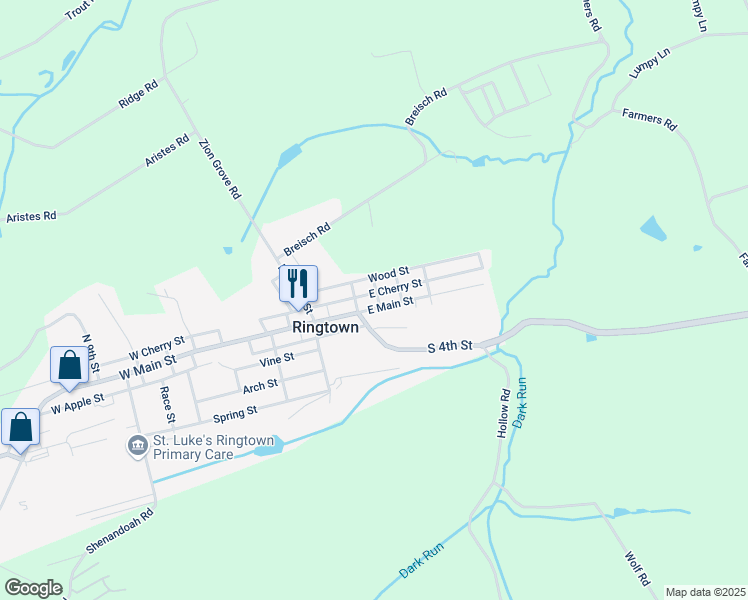 map of restaurants, bars, coffee shops, grocery stores, and more near 138 Wood Street in Ringtown