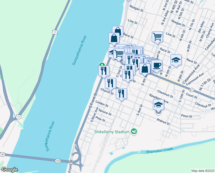 map of restaurants, bars, coffee shops, grocery stores, and more near 157 South 2nd Street in Sunbury