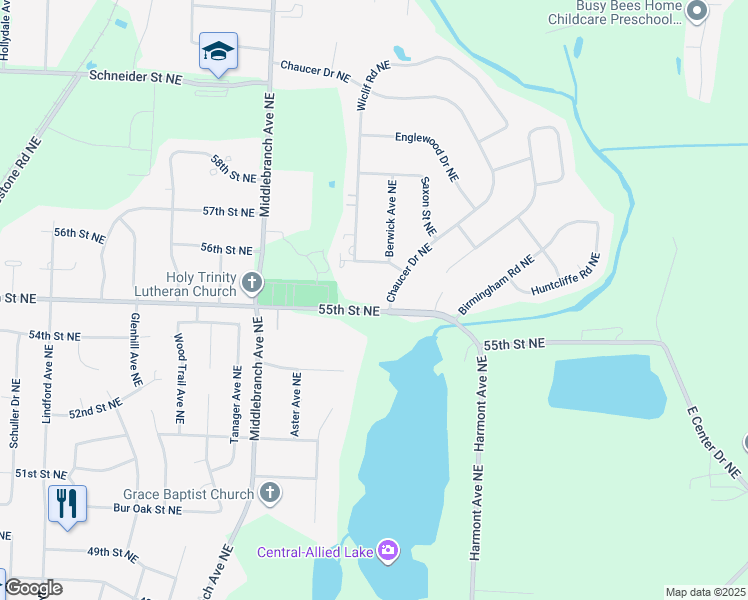 map of restaurants, bars, coffee shops, grocery stores, and more near 3094 Chaucer Drive Northeast in Canton