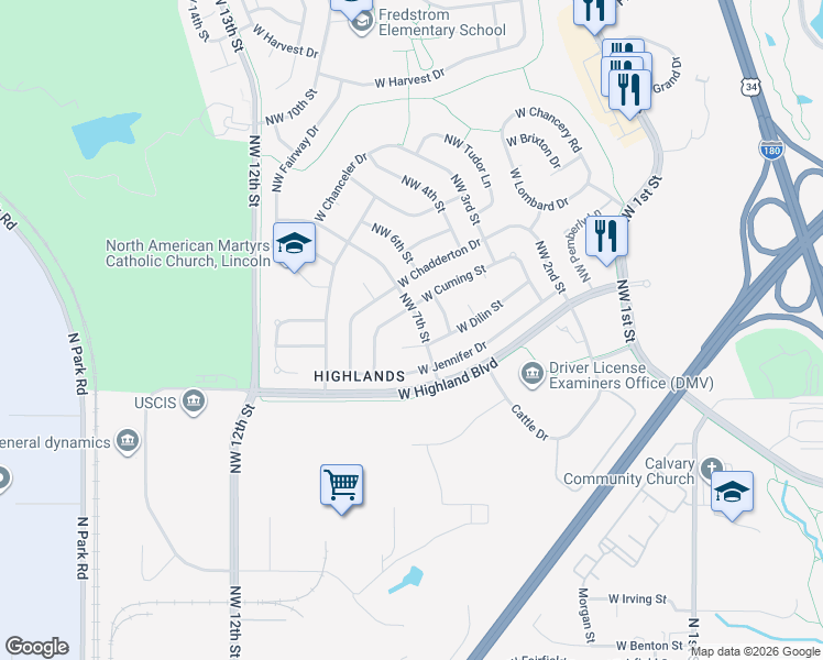 map of restaurants, bars, coffee shops, grocery stores, and more near 716 West Cuming Street in Lincoln