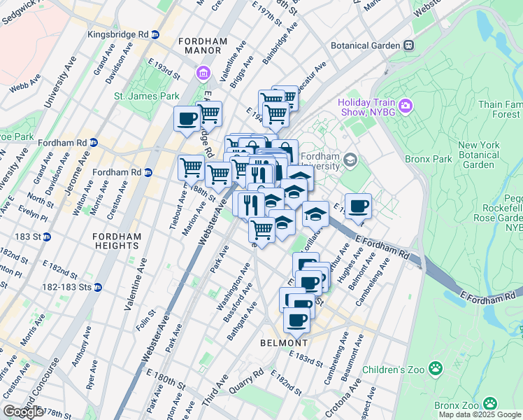 map of restaurants, bars, coffee shops, grocery stores, and more near in The Bronx