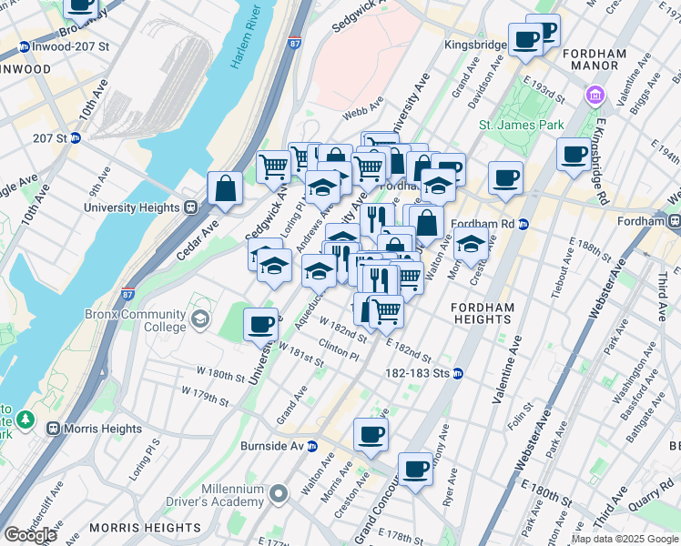 map of restaurants, bars, coffee shops, grocery stores, and more near 2280 Aqueduct Avenue in The Bronx