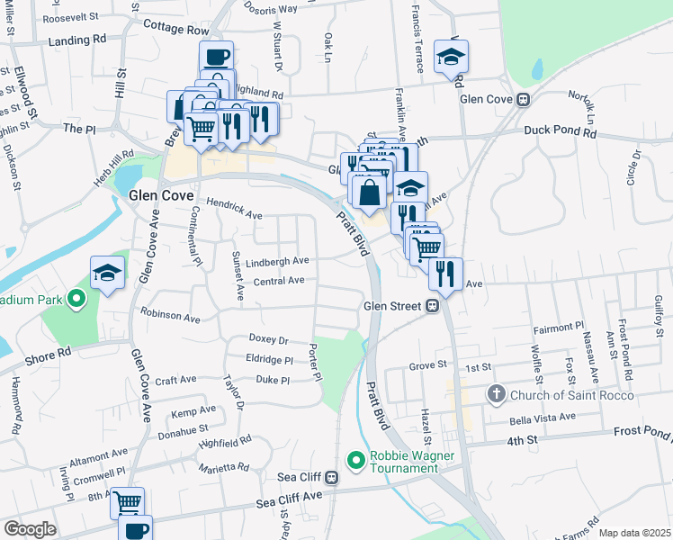 map of restaurants, bars, coffee shops, grocery stores, and more near 72 Hendrick Avenue West in Glen Cove
