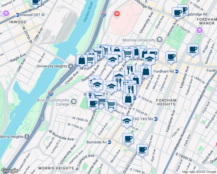 map of restaurants, bars, coffee shops, grocery stores, and more near University Ave & W 183rd St in Bronx