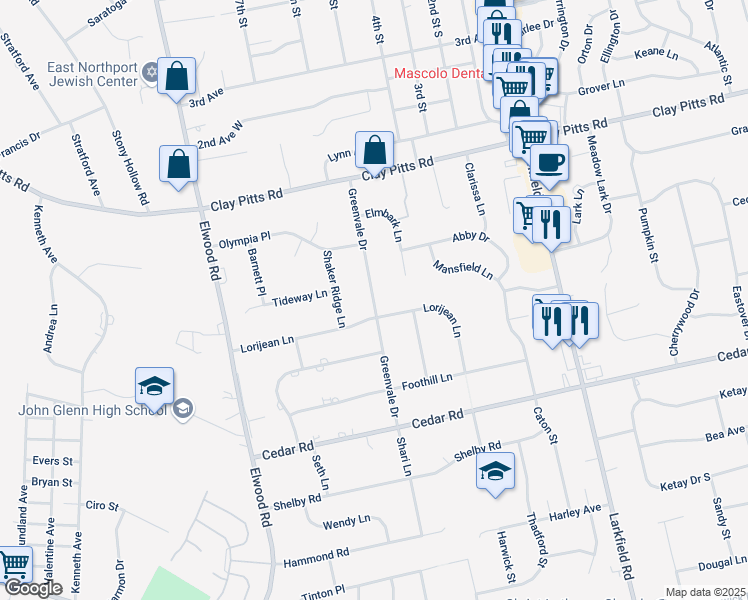 map of restaurants, bars, coffee shops, grocery stores, and more near 35 Greenvale Drive in East Northport