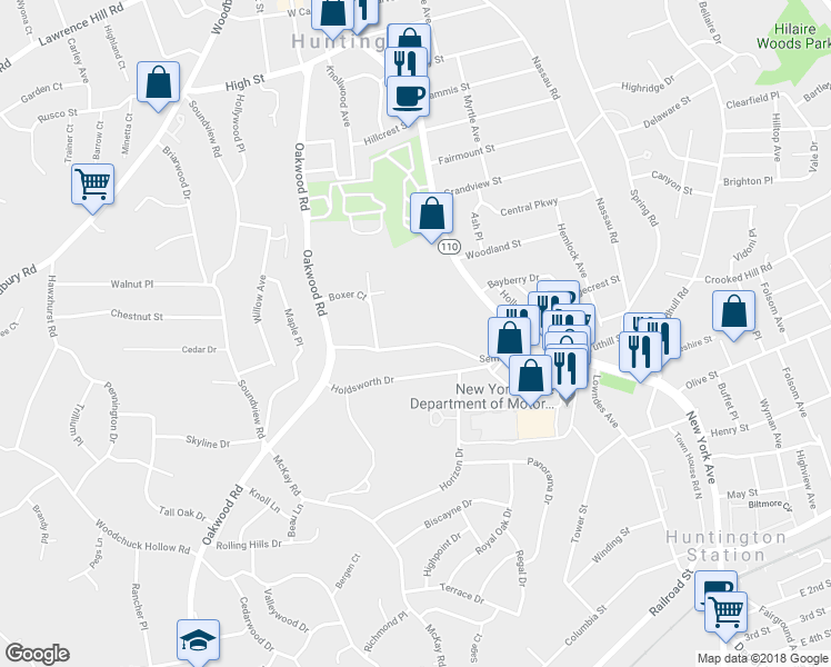 map of restaurants, bars, coffee shops, grocery stores, and more near 41 Semon Road in Huntington