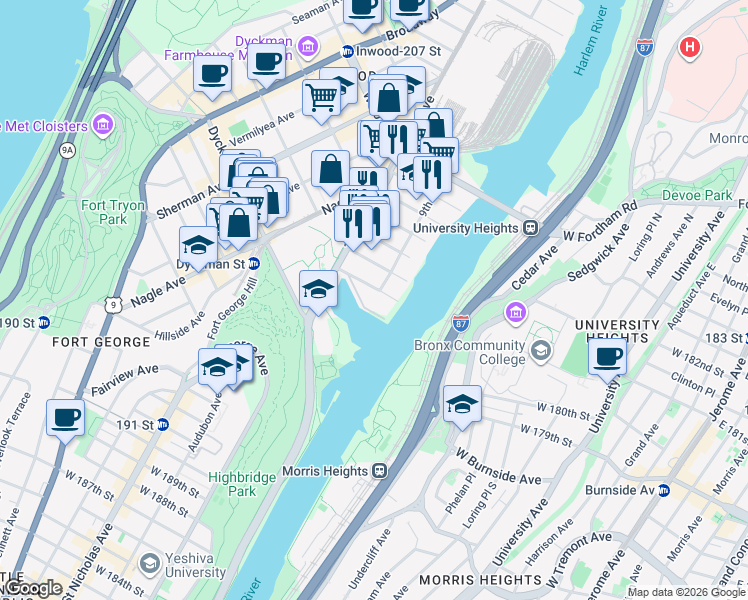 map of restaurants, bars, coffee shops, grocery stores, and more near East 21st Street in New York