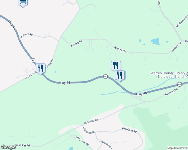 map of restaurants, bars, coffee shops, grocery stores, and more near 102-112 U.S. 46 in Hackettstown