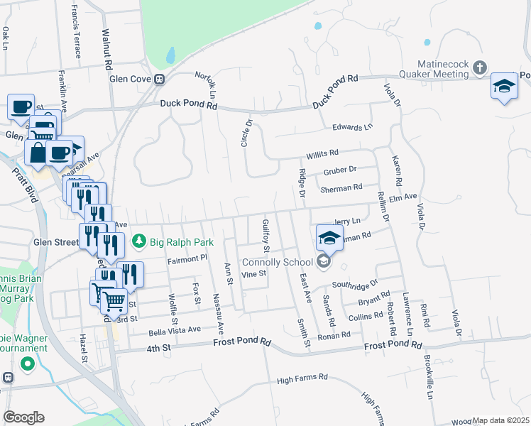 map of restaurants, bars, coffee shops, grocery stores, and more near Elm Avenue in Glen Cove