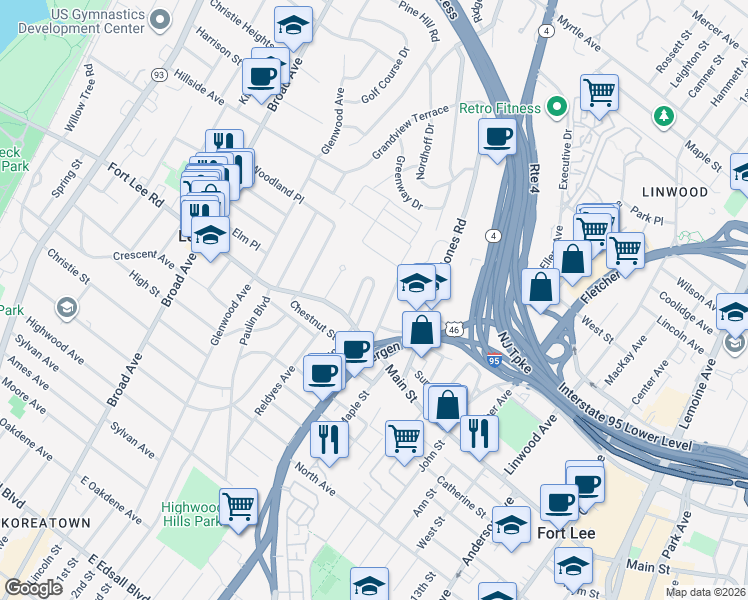map of restaurants, bars, coffee shops, grocery stores, and more near 137 Hoefleys Lane in Leonia