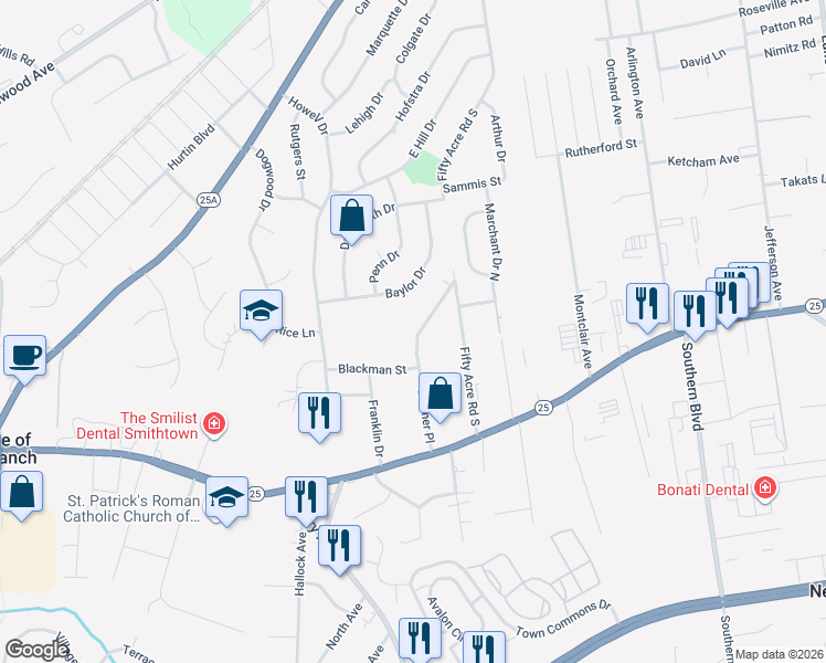 map of restaurants, bars, coffee shops, grocery stores, and more near 25 Lindner Place in Smithtown