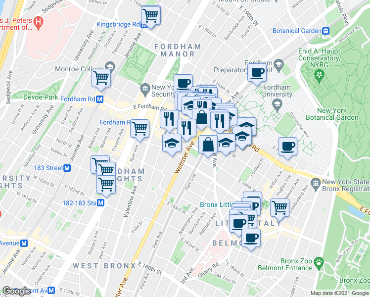 map of restaurants, bars, coffee shops, grocery stores, and more near 2427 Webster Avenue in Bronx
