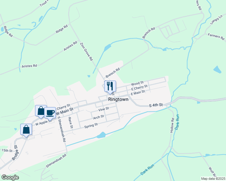 map of restaurants, bars, coffee shops, grocery stores, and more near 25 Wood Street in Ringtown