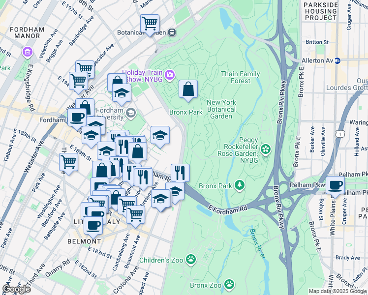 map of restaurants, bars, coffee shops, grocery stores, and more near Southern Blvd & Bronx Park Rd in Bronx