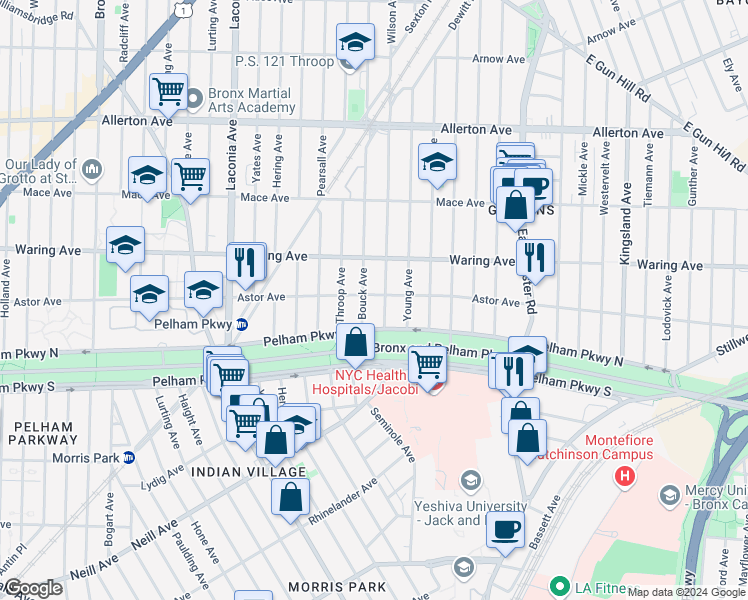 map of restaurants, bars, coffee shops, grocery stores, and more near 1284 Astor Avenue in Bronx