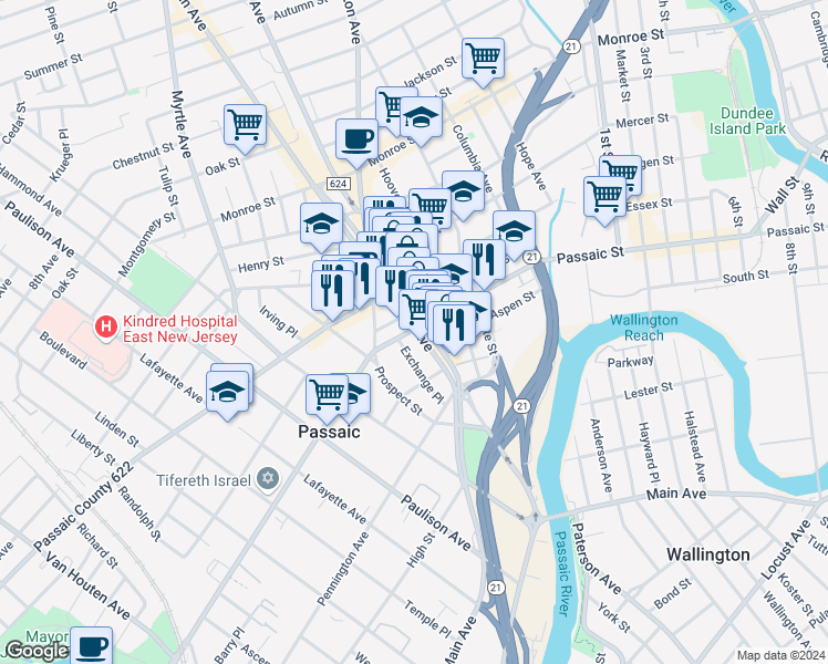 map of restaurants, bars, coffee shops, grocery stores, and more near 603 Main Avenue in Passaic