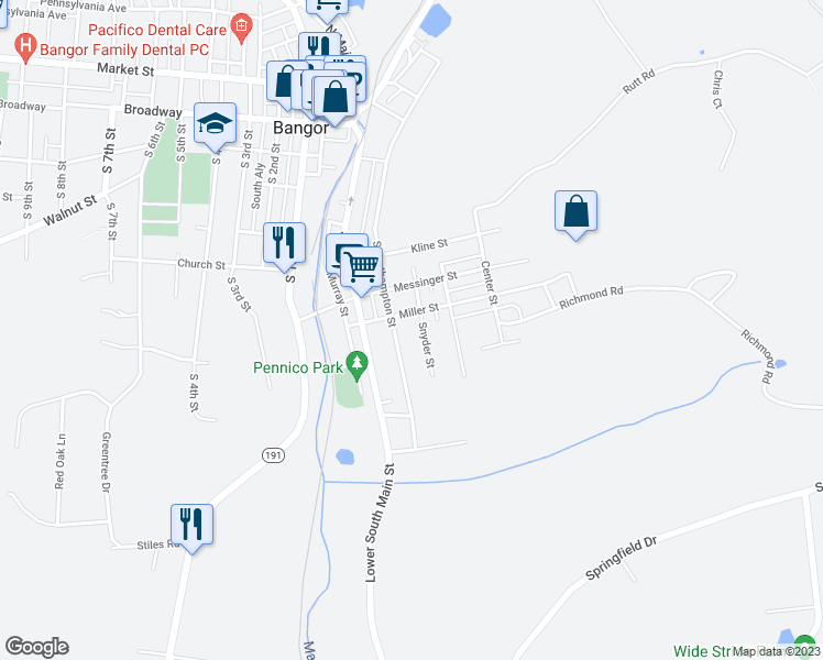 map of restaurants, bars, coffee shops, grocery stores, and more near 118 Miller Street in Bangor