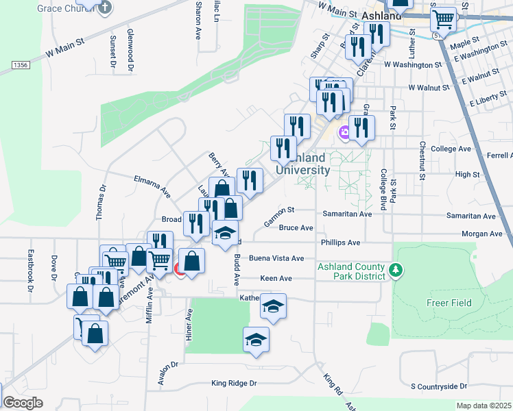 map of restaurants, bars, coffee shops, grocery stores, and more near 1015 Claremont Avenue in Ashland