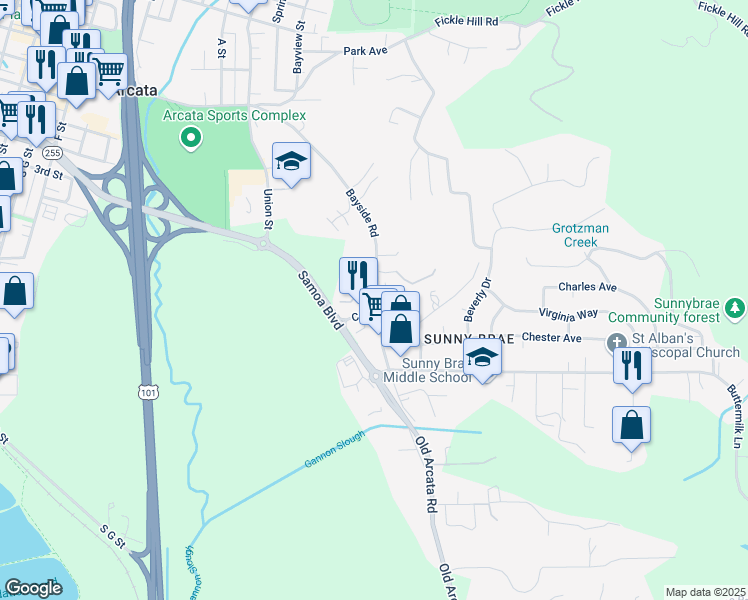 map of restaurants, bars, coffee shops, grocery stores, and more near 827 Old Arcata Road in Arcata