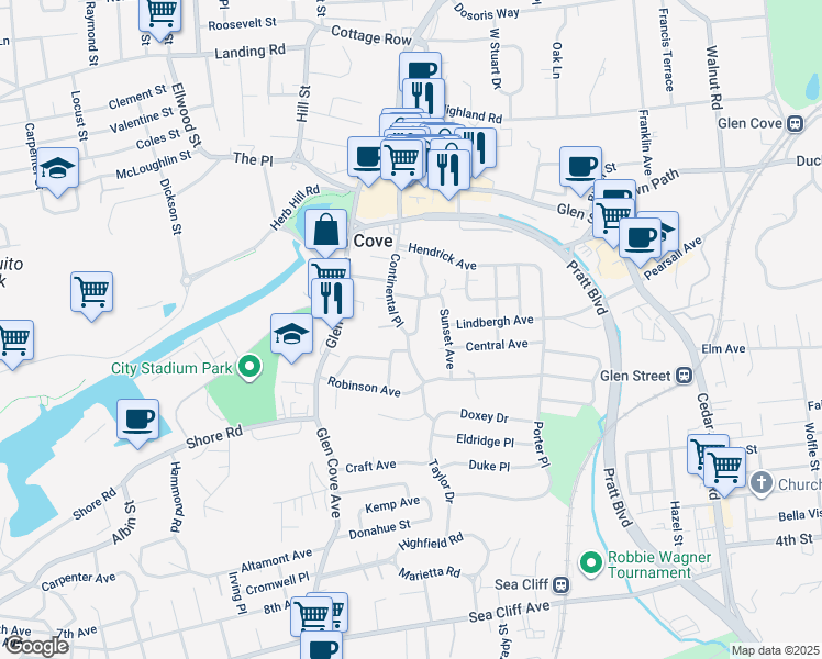 map of restaurants, bars, coffee shops, grocery stores, and more near 45 Continental Place in Glen Cove
