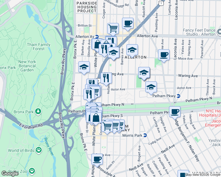 map of restaurants, bars, coffee shops, grocery stores, and more near 2309 Holland Avenue in The Bronx