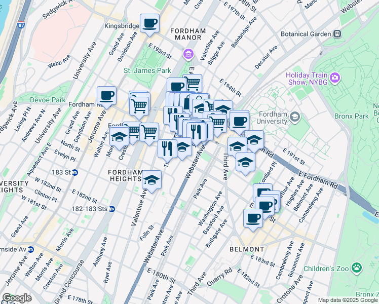 map of restaurants, bars, coffee shops, grocery stores, and more near 355 East 187th Street in Bronx