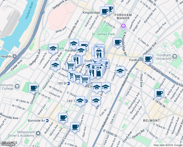 map of restaurants, bars, coffee shops, grocery stores, and more near in The Bronx
