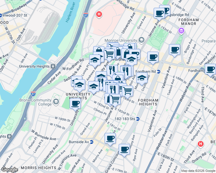 map of restaurants, bars, coffee shops, grocery stores, and more near 2304 Grand Avenue in Bronx