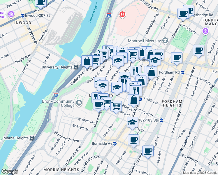 map of restaurants, bars, coffee shops, grocery stores, and more near in The Bronx