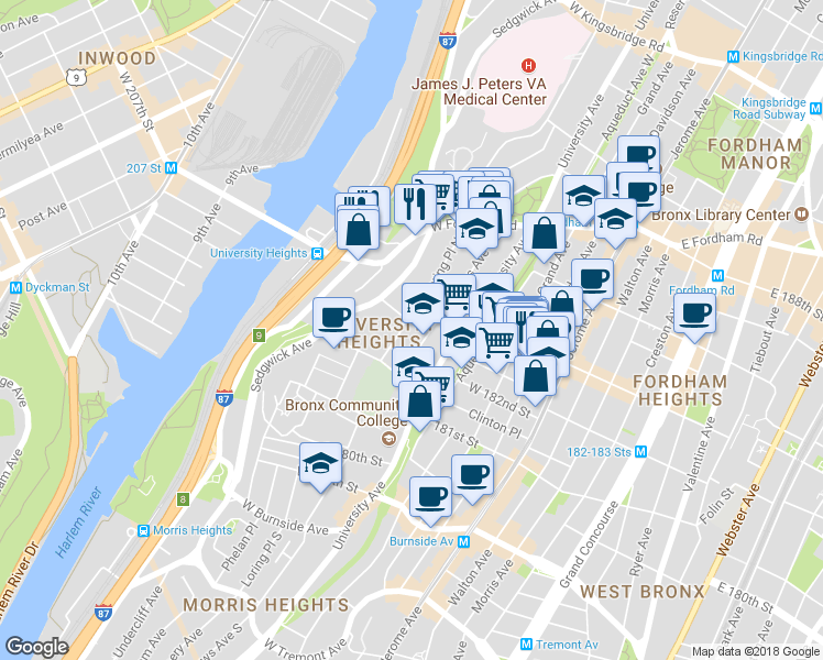 map of restaurants, bars, coffee shops, grocery stores, and more near 114 West 183rd Street in The Bronx