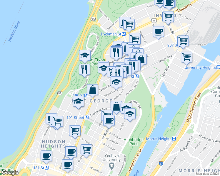 map of restaurants, bars, coffee shops, grocery stores, and more near 64 Nagle Avenue in New York
