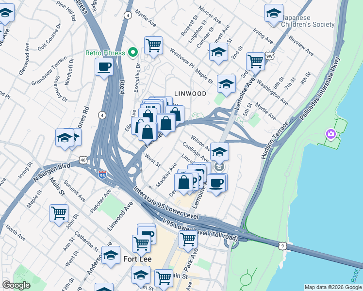 map of restaurants, bars, coffee shops, grocery stores, and more near 255 Coolidge Avenue in Fort Lee