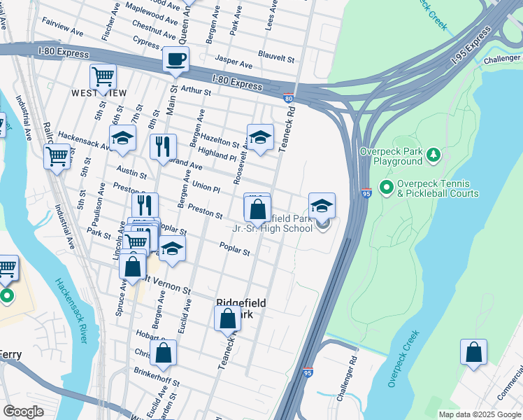 map of restaurants, bars, coffee shops, grocery stores, and more near 464 Teaneck Road in Ridgefield Park