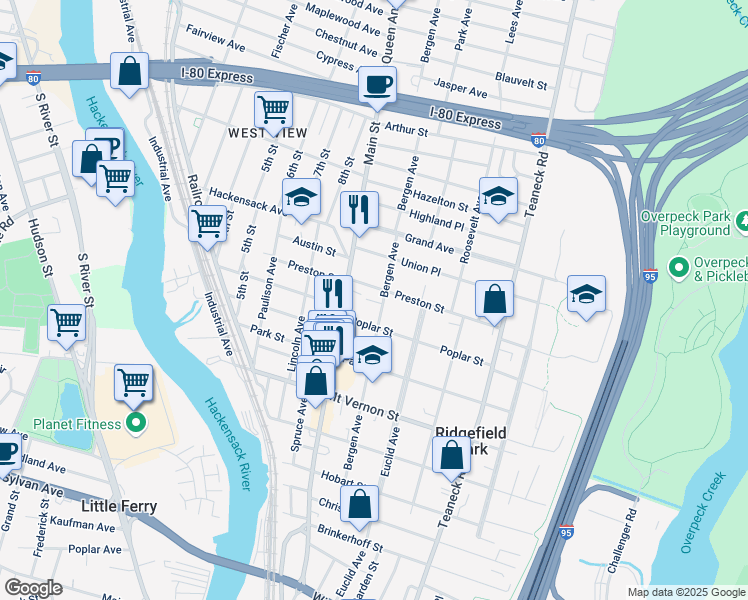 map of restaurants, bars, coffee shops, grocery stores, and more near 77 Preston Street in Ridgefield Park