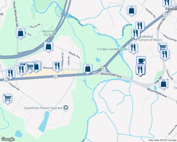 map of restaurants, bars, coffee shops, grocery stores, and more near 85 Old Bloomfield Avenue in Montville
