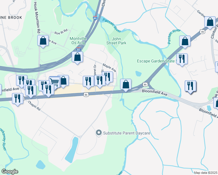 map of restaurants, bars, coffee shops, grocery stores, and more near 75 Old Bloomfield Avenue in Montville