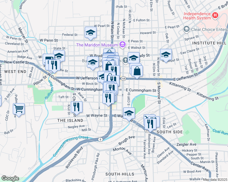 map of restaurants, bars, coffee shops, grocery stores, and more near 120 East Cunningham Street in Butler