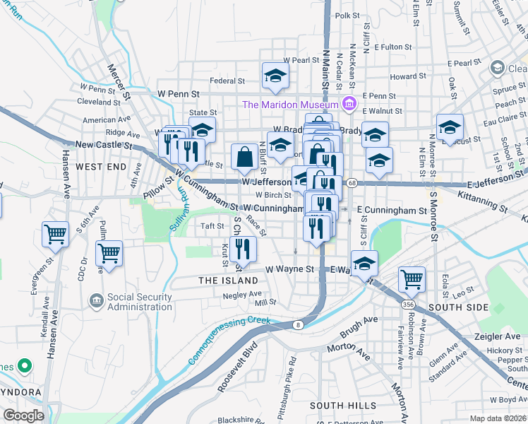 map of restaurants, bars, coffee shops, grocery stores, and more near 300 Pennsylvania 356 in Butler
