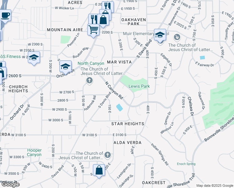 map of restaurants, bars, coffee shops, grocery stores, and more near 214 East North Canyon Road in Bountiful