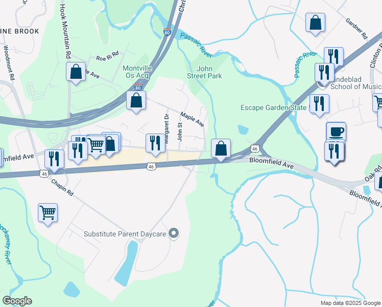 map of restaurants, bars, coffee shops, grocery stores, and more near 75 Old Bloomfield Avenue in Montville